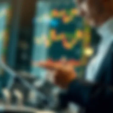 A close-up of a businessperson analyzing stock performance on a digital tablet