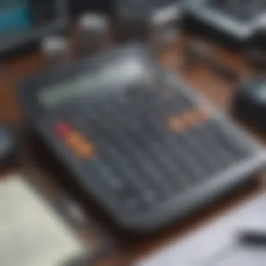 A modern desk setup featuring a high-tech financial calculator and sleek stationery