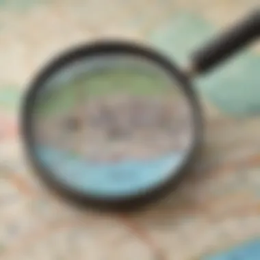 Magnifying glass over a map indicating potential foreclosure sites