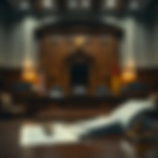 Courtroom setting with legal documents