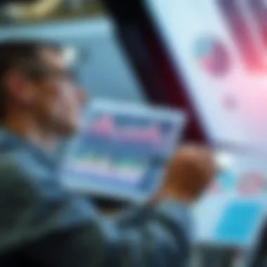 Analyzing Financial Data A professional looking at charts and graphs on a screen, analyzing financial data.