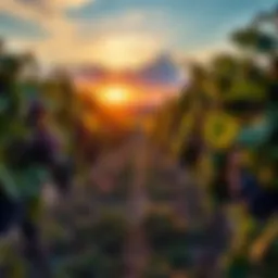 Vineyard landscape at sunset showcasing grape harvesting