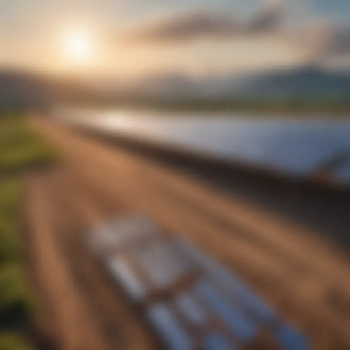 A scenic landscape showcasing solar farms against a clear sky