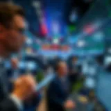 A bustling trading floor with brokers analyzing market trends
