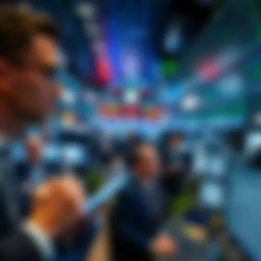 A bustling trading floor with brokers analyzing market trends