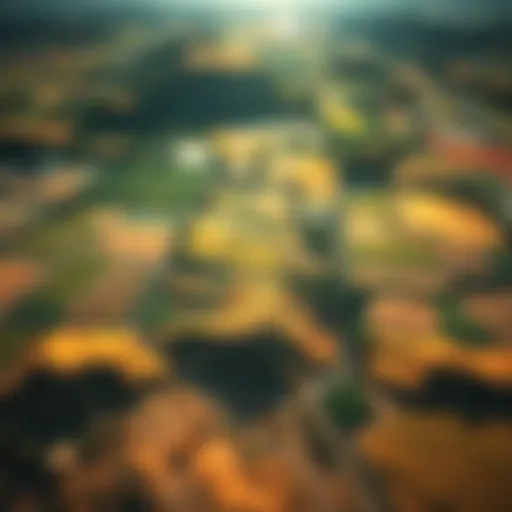 An aerial view of varied land plots showcasing different terrains and uses